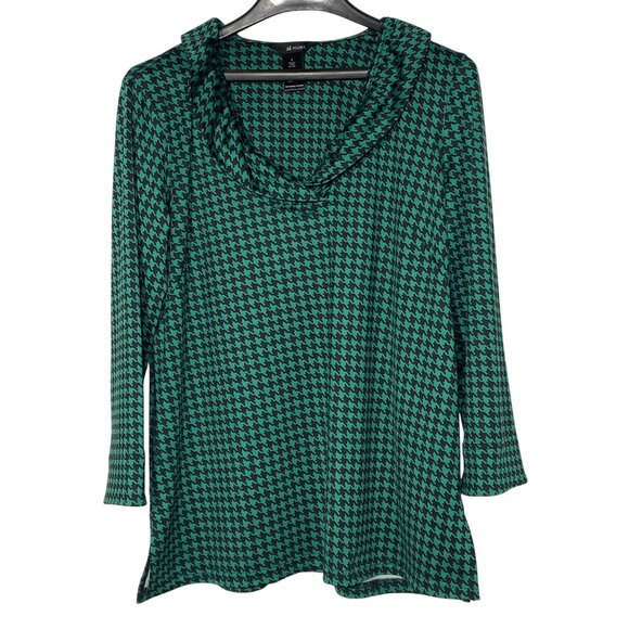 Ali Miles Houndstooth Stretch Top Blouse Collar Oversized Green Sz SM - Picture 1 of 7